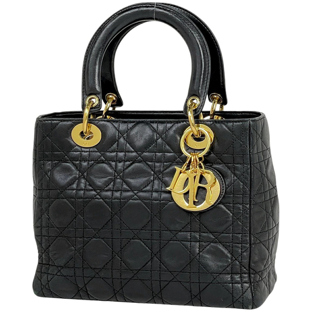 Christian Dior Lady Cannage Handbag Leather Black